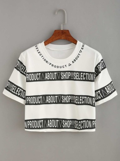 Wide Stripe Letter Print Crop T-shirt