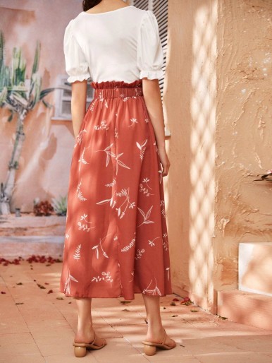 Puff Sleeve Top With Plants Print Paperbag Skirt