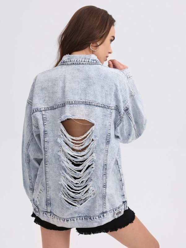 Shredded back denim store jacket