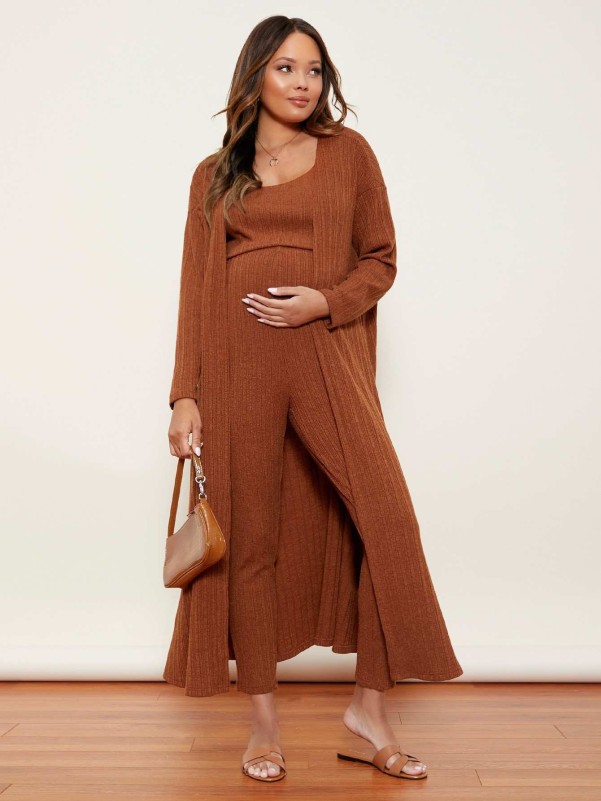 SHEIN Maternity Rib-knit Tank Top & Leggings Set With Robe