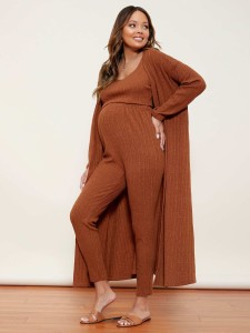 SHEIN Maternity Rib-knit Tank Top & Leggings Set With Robe