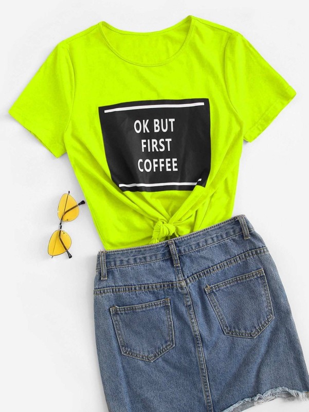 SHEIN Men Neon Green Letter Graphic Color Block Shirt