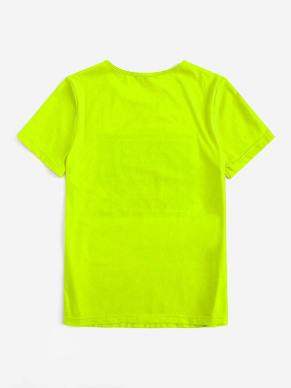 SHEIN Men Neon Green Letter Graphic Color Block Shirt