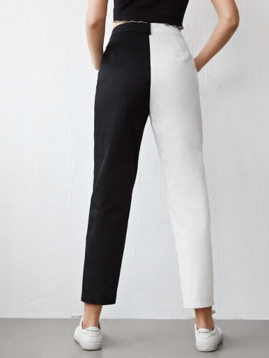 SHEIN Zipper Fly Butterfly Patched Two Tone Pants