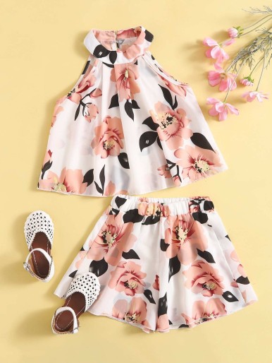 Toddler Girls Floral Print Halter Neck Blouse With Shorts