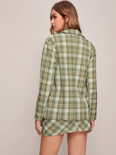 SHEIN Notched Collar Buttoned Front Plaid Blazer