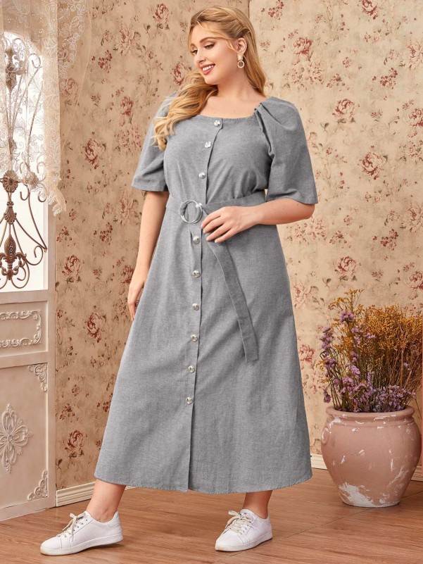 SHEIN Plus Size Front Button Belted Dress