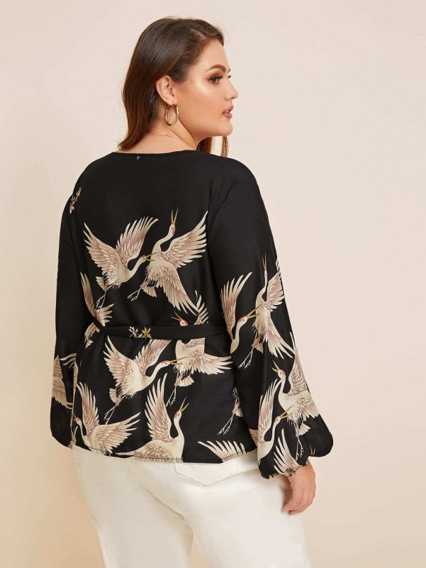 SHEIN Plus Crane Print Wrap Knotted Blouse