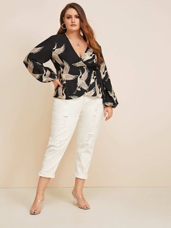 SHEIN Plus Crane Print Wrap Knotted Blouse