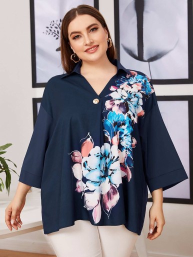 SHEIN Plus Collared Drop Shoulder Buttoned Front Floral Top