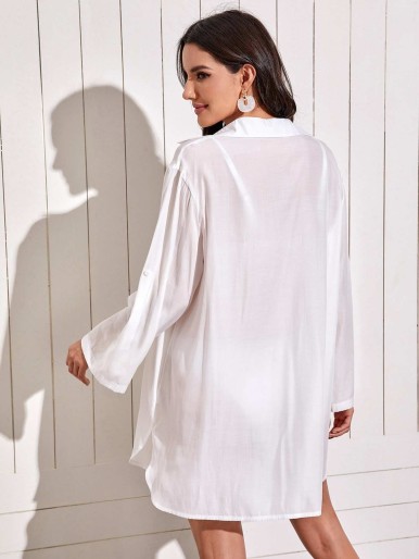 Roll Up Sleeve Solid Shirt Dress