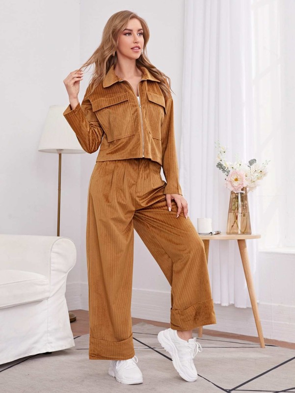 EMERY ROSE Button Front Top And Pants Set