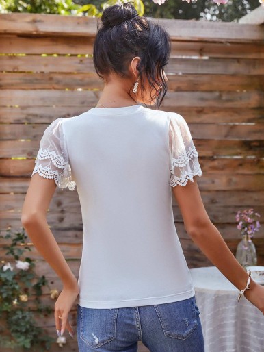 Lace Panel Butterfly Sleeve Tee