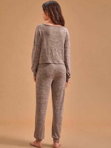Solid Round Neck Top With Knot Pants PJ Set