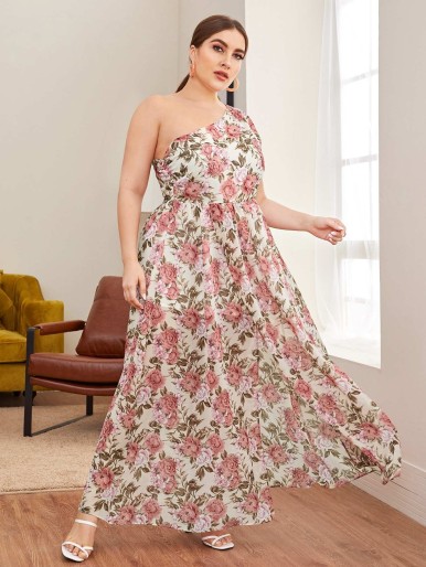 SHEIN Plus One Shoulder Allover Floral Print Maxi Dress