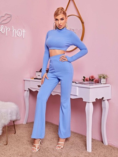 SHEIN EZwear Mock Neck Crop Tee & Flare Leg Pants, Top and Pant Set