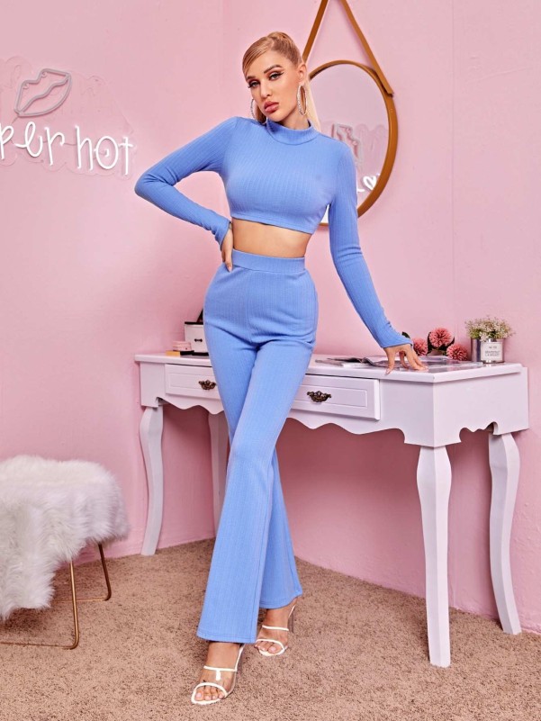 SHEIN Solid Rib-knit Crop Top and Flare Leg Pants Set