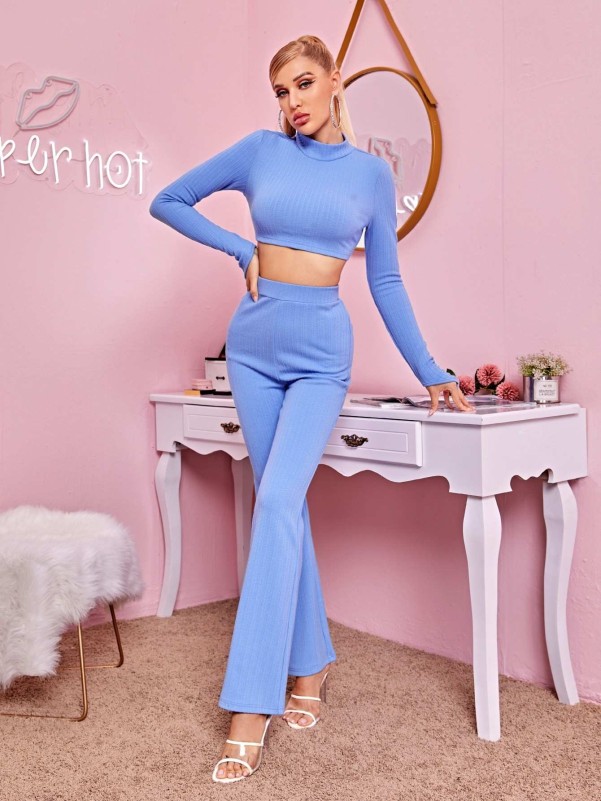 SHEIN Split Hem Ribbed Flare Leg Pants