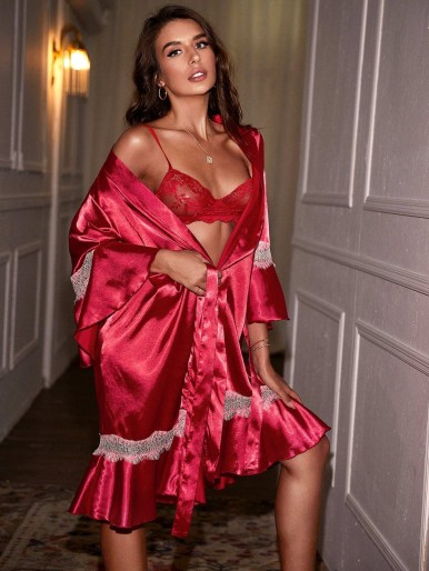 Contrast Lace Satin Belted Night Robe
