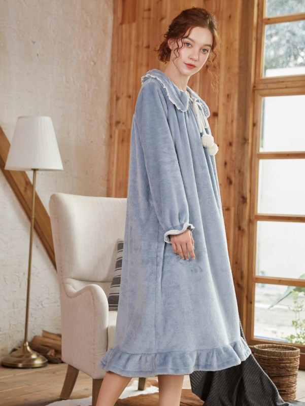 Flannel Peter Pan Collar Ruffle Hem Nightgown