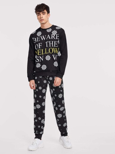 Men Snowflake Print Pullover & Pants Set