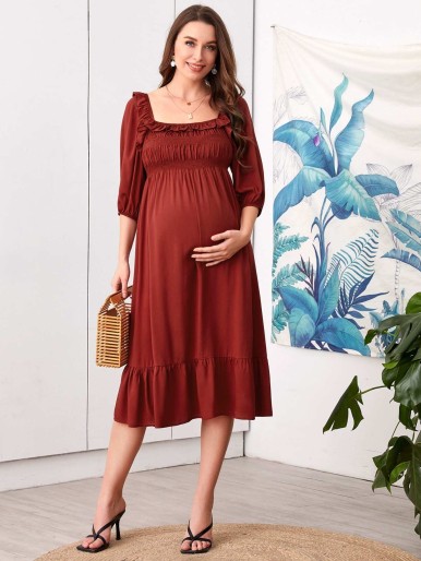 SHEIN Maternity Double Square Neck Ruched Bust Ruffle Hem Dress