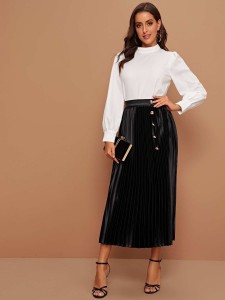 SHEIN Gold Button Front Pleated Skirt