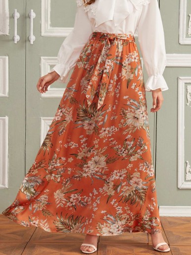 SHEIN Floral Print Self Belted Maxi Skirt