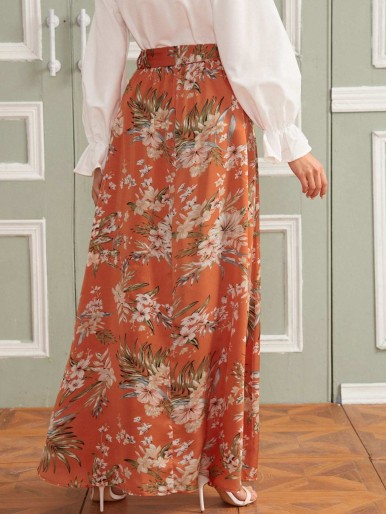 SHEIN Floral Print Self Belted Maxi Skirt