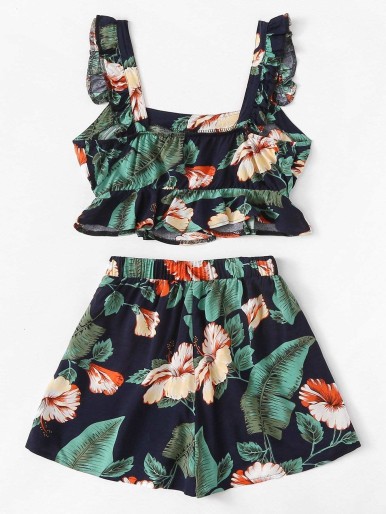 Ruffle Hem Floral Print Top With Shorts