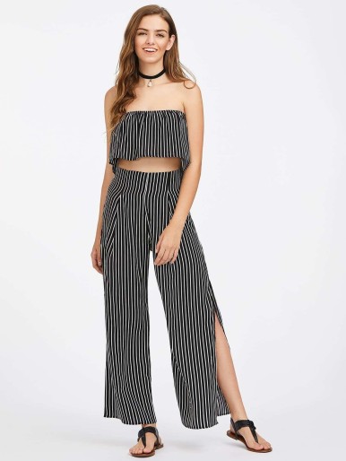 Vertical Striped Frill Layered Bandeau Top With Split Pants