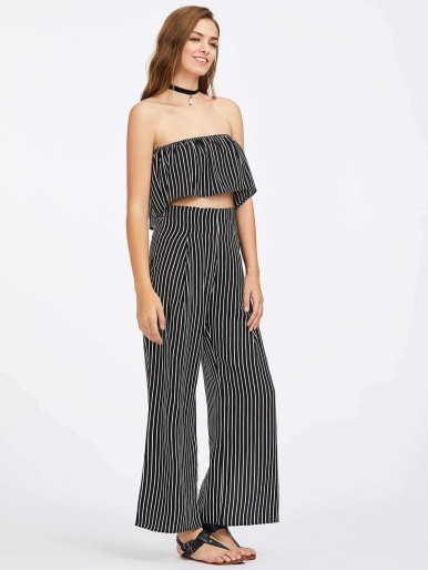 Vertical Striped Frill Layered Bandeau Top With Split Pants