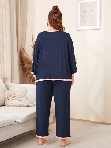 SHEIN Plus Contrast Trim Pocket Front Bow Detail Top & Pants PJ Set