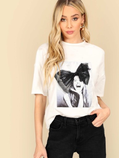 SHEIN Figure Graphic Mesh Bow Embellished Top