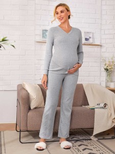 SHEIN Maternity V-neck Overlap Hem Tee and Pants PJ Set