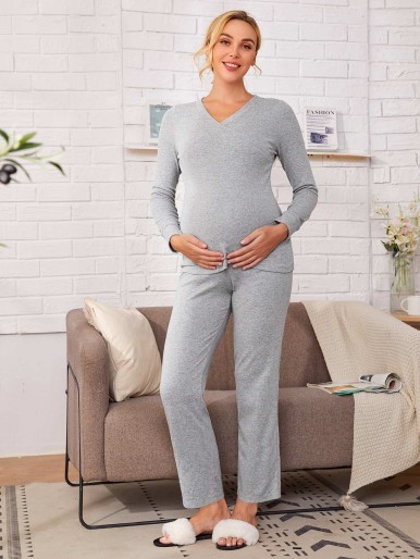 SHEIN Maternity V-neck Overlap Hem Tee and Pants PJ Set