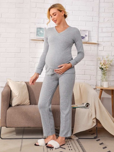 SHEIN Maternity V-neck Overlap Hem Tee and Pants PJ Set