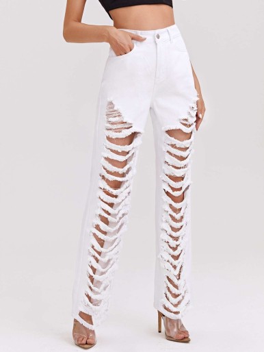 Zipper Fly Ripped Detail Jeans