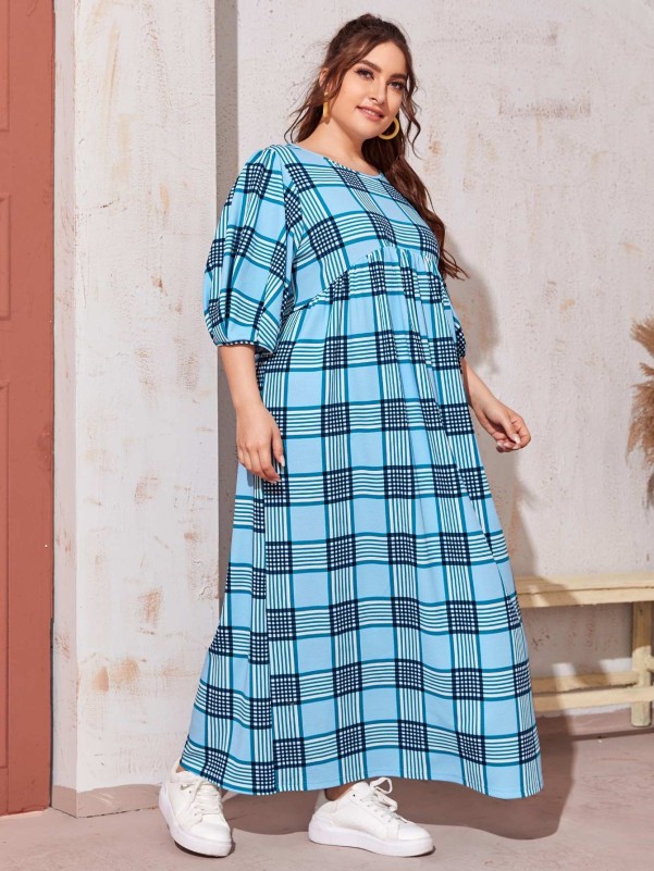 SHEIN Plus Lantern Sleeve Plaid Dress