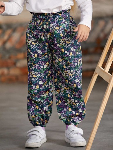 SHEIN Toddler Girls Paperbag Waist Floral Pants