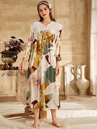 Contrast Lace Large Floral Print Satin Nightdress