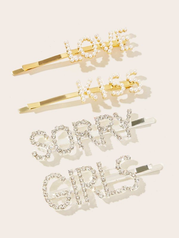 Faux Pearl & Rhinestone Decor Letter Hairpin 4pcs