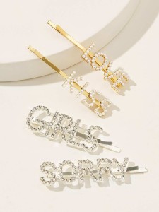 Faux Pearl & Rhinestone Decor Letter Hairpin 4pcs