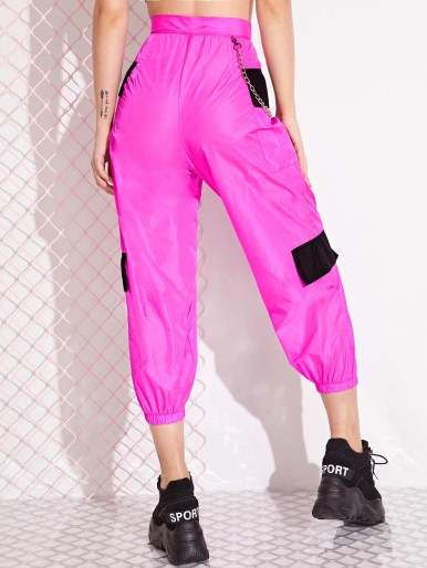 SHEIN Neon Pink Chain Detail Crop Cargo Pants