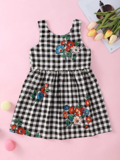 Toddler Girls Floral & Gingham Print Bow Back Smock Dress