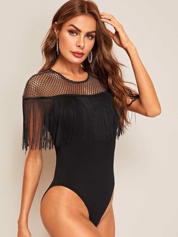 Fab & Fringe- Sequin Bodysuit with Fringe Trim