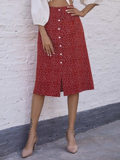 Button Front Polka-dot Print Skirt