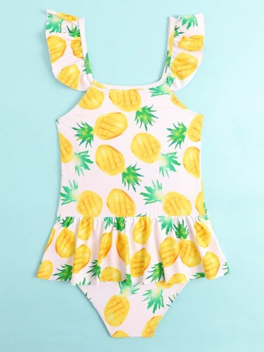 Girls Pineapple Print Ruffle One Piece Swimsuit