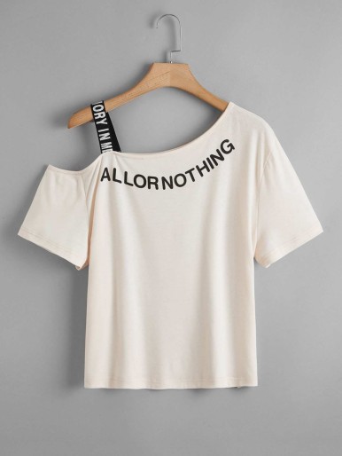 Plus Slogan Graphic Asymmetrical Neck Tee