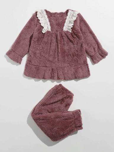 Toddler Girls Ruffle Trim Contrast Lace Teddy Pajama Set
